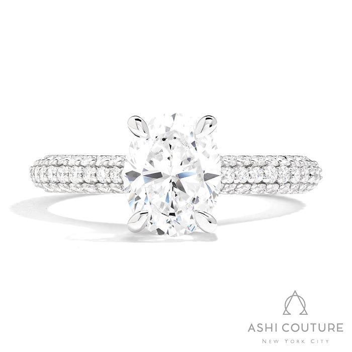 Bridal 3-Row Pave Oval Semi-Mount Engagement Ring in White Gold