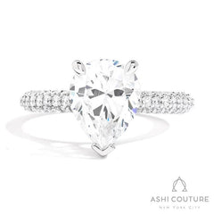 Bridal 3-Row Pave Pear Semi-Mount Engagement Ring in White Gold