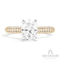 Bridal 3-Row Pave Oval Semi-Mount Engagement Ring in Yellow and White Gold