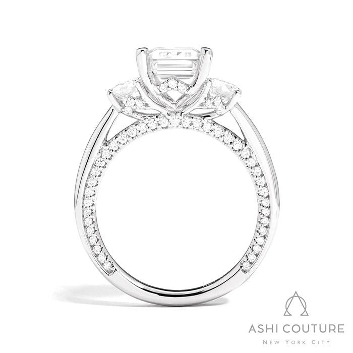 Bridal 3-Stone Emerald Semi-Mount Engagement Ring With Round Side Diamonds in White Gold