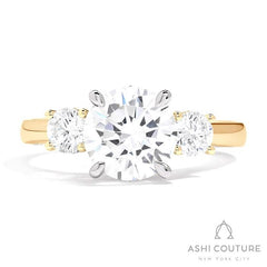 Bridal 3-Stone Round Semi-Mount Engagement Ring With Round Side Diamonds in Yellow and White Gold