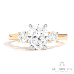 Bridal 3-Stone Oval Semi-Mount Engagement Ring With Round Side Diamonds in Yellow and White Gold