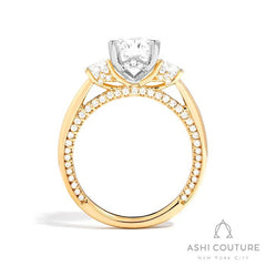 Bridal 3-Stone Oval Semi-Mount Engagement Ring With Round Side Diamonds in Yellow and White Gold