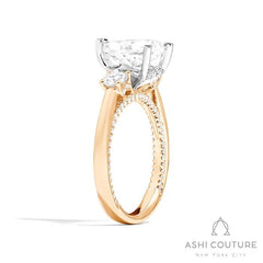 Bridal 3-Stone Pear Semi-Mount Engagement Ring With Round Side Diamonds in Yellow and White Gold