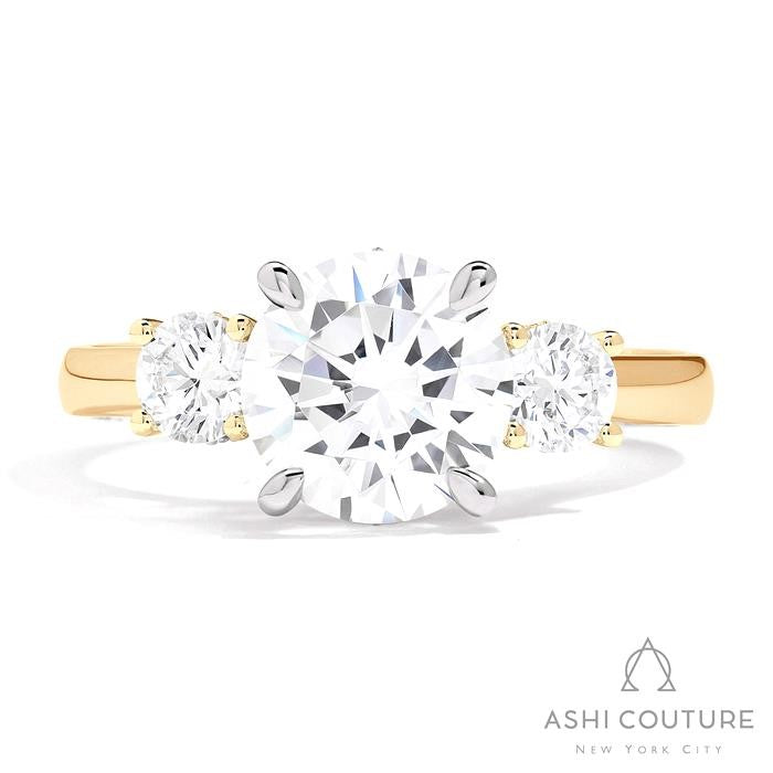 Bridal 3-Stone Round Semi-Mount Engagement Ring With Round Side Diamonds in Yellow and White Gold