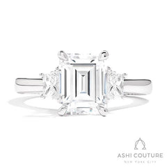 Bridal Emerald 3-Stone Semi-Mount Engagement Ring With Trap Side Diamonds in White Gold