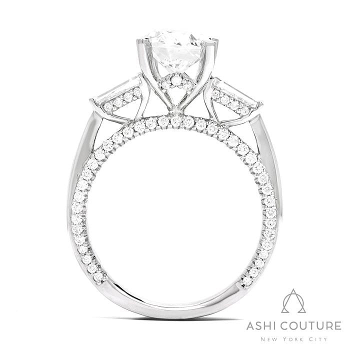 Bridal 3-Stone Oval Semi-Mount Engagement Ring With Tapered Baguette Side Diamonds in White Gold