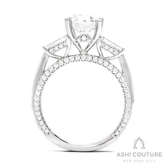 Bridal 3-Stone Oval Semi-Mount Engagement Ring With Tapered Baguette Side Diamonds in White Gold