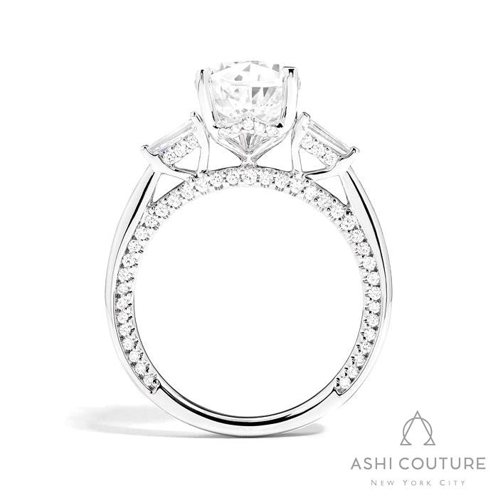 Bridal 3-Stone Pear Semi-Mount Engagement Ring With Tapered Baguette Side Diamonds in White Gold