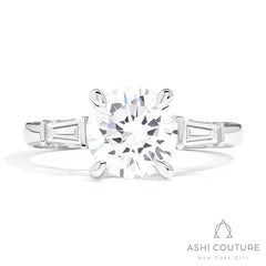 Bridal 3-Stone Round Semi-Mount Engagement Ring With Tapered Baguette Side Diamonds in White Gold