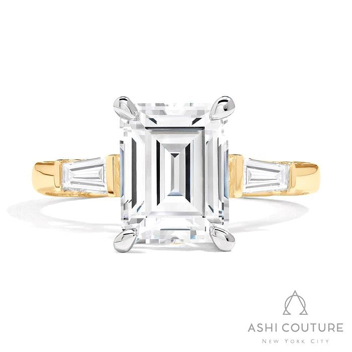 Bridal 3-Stone Emerald Semi-Mount Engagement Ring With Tapered Baguette Side Diamonds in Yellow and White Gold