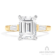 Bridal 3-Stone Emerald Semi-Mount Engagement Ring With Tapered Baguette Side Diamonds in Yellow and White Gold