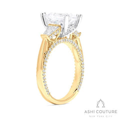 Bridal 3-Stone Emerald Semi-Mount Engagement Ring With Tapered Baguette Side Diamonds in Yellow and White Gold