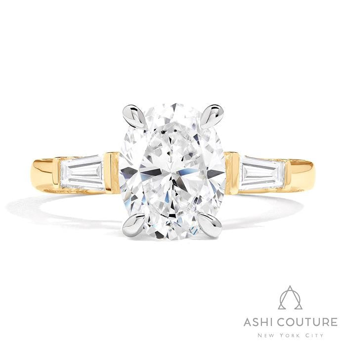 Bridal 3-Stone Oval Semi-Mount Engagement Ring With Tapered Baguette Side Diamonds in Yellow and White Gold