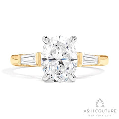 Bridal 3-Stone Oval Semi-Mount Engagement Ring With Tapered Baguette Side Diamonds in Yellow and White Gold