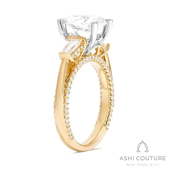 Bridal 3-Stone Oval Semi-Mount Engagement Ring With Tapered Baguette Side Diamonds in Yellow and White Gold