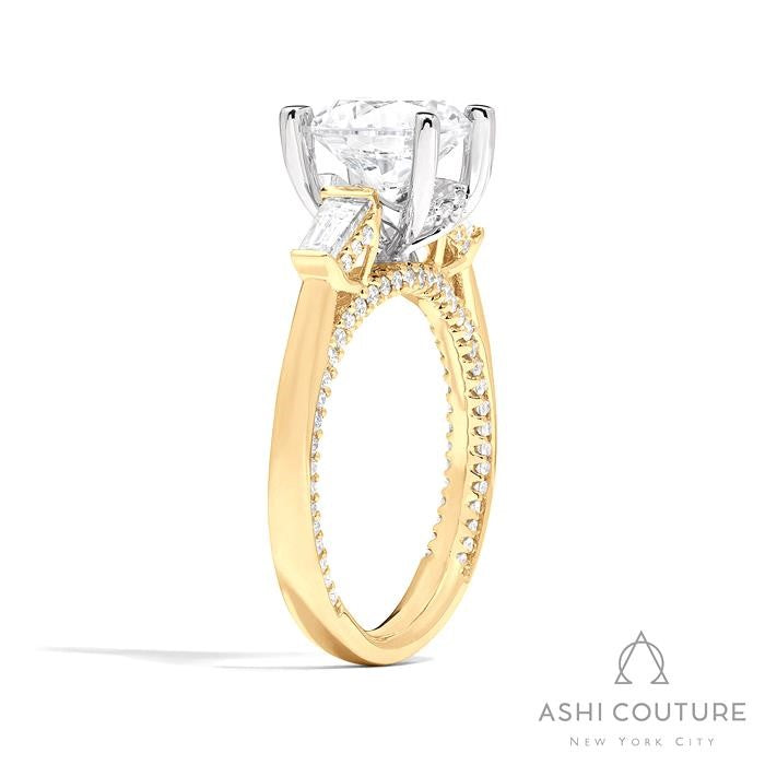 Bridal 3-Stone Round Semi-Mount Engagement Ring With Tapered Baguette Side Diamonds in Yellow and White Gold