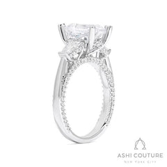 Bridal 3-Stone Emerald Semi-Mount Engagement Ring With Tapered Baguette Side Diamonds in White Gold