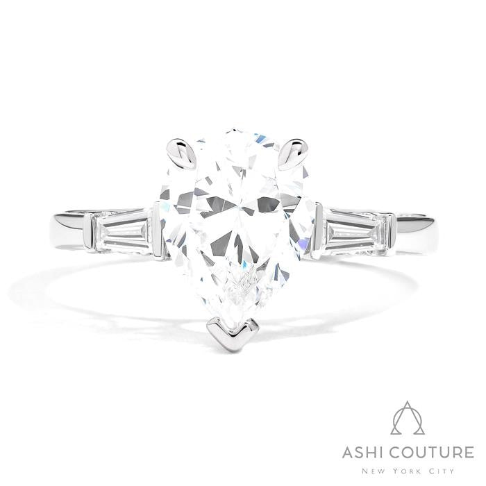 Bridal 3-Stone Pear Semi-Mount Engagement Ring With Tapered Baguette Side Diamonds in White Gold