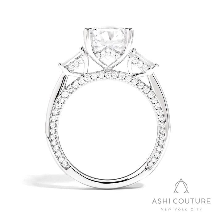 Bridal 3-Stone Round Semi-Mount Engagement Ring With Tapered Baguette Side Diamonds in White Gold