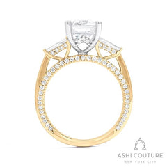 Bridal 3-Stone Emerald Semi-Mount Engagement Ring With Tapered Baguette Side Diamonds in Yellow and White Gold