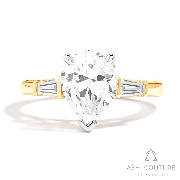 Bridal 3-Stone Pear Semi-Mount Engagement Ring With Tapered Baguette Side Diamonds in Yellow and White Gold