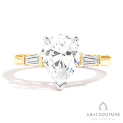 Bridal 3-Stone Pear Semi-Mount Engagement Ring With Tapered Baguette Side Diamonds in Yellow and White Gold