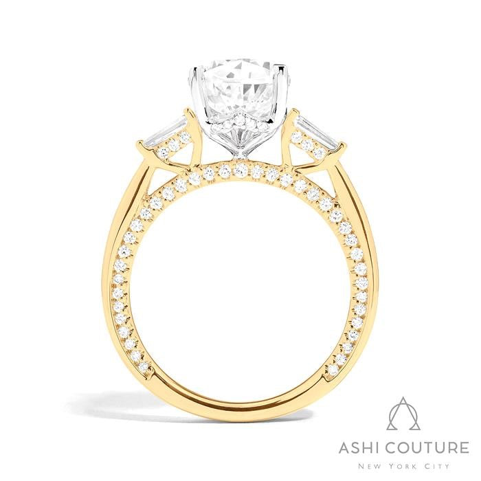 Bridal 3-Stone Pear Semi-Mount Engagement Ring With Tapered Baguette Side Diamonds in Yellow and White Gold