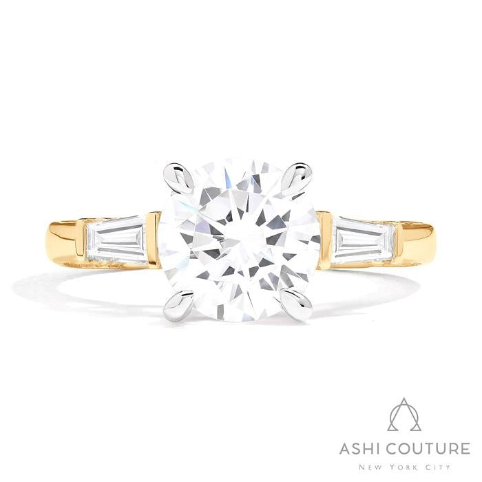 Bridal 3-Stone Round Semi-Mount Engagement Ring With Tapered Baguette Side Diamonds in Yellow and White Gold