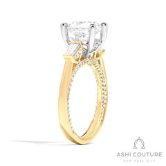 Bridal 3-Stone Round Semi-Mount Engagement Ring With Tapered Baguette Side Diamonds in Yellow and White Gold