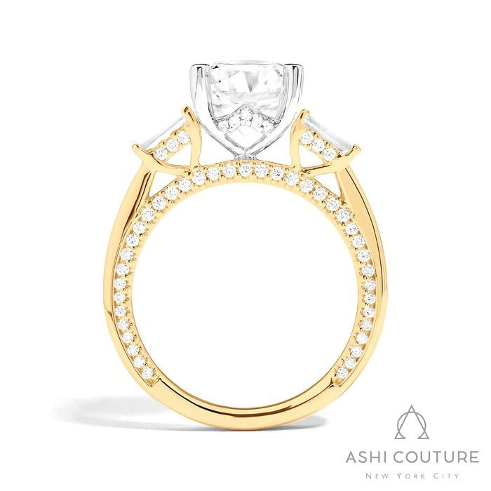 Bridal 3-Stone Round Semi-Mount Engagement Ring With Tapered Baguette Side Diamonds in Yellow and White Gold